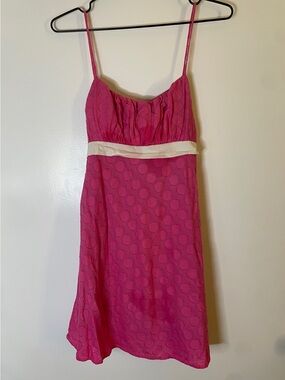 Pink Spotted Slip Dress with High White Waistband